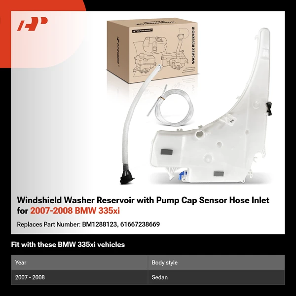 Windshield Washer Reservoir with Pump Cap Sensor Hose Inlet for 2007-2008 BMW 335xi