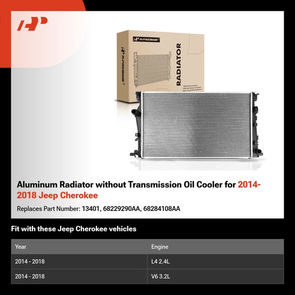 Aluminum Radiator without Transmission Oil Cooler for 2014-2018 Jeep Cherokee