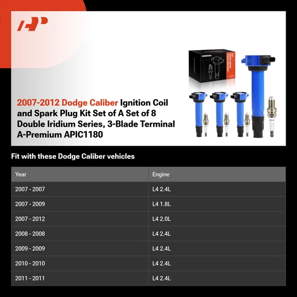 2007-2012 Dodge Caliber Ignition Coil and Spark Plug Kit Set of A Set of 8 Double Iridium Series, 3-Blade Terminal A-Premium APIC1180