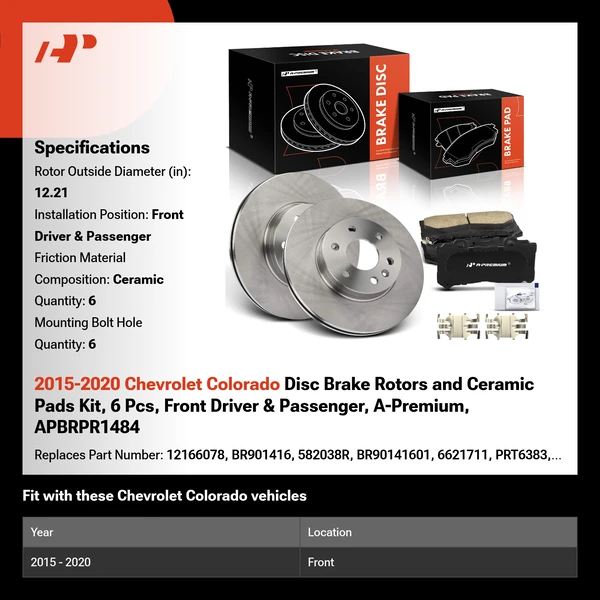 2015-2020 Chevrolet Colorado Disc Brake Rotors and Ceramic Pads Kit, 6 Pcs, Front Driver & Passenger, A-Premium, APBRPR1484