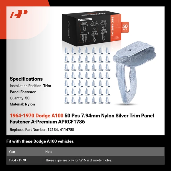 1964-1970 Dodge A100 50 Pcs 7.94mm Nylon Silver Trim Panel Fastener A-Premium APRCF1786