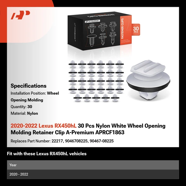 2020-2022 Lexus RX450hL 30 Pcs Nylon White Wheel Opening Molding Retainer Clip A-Premium APRCF1863
