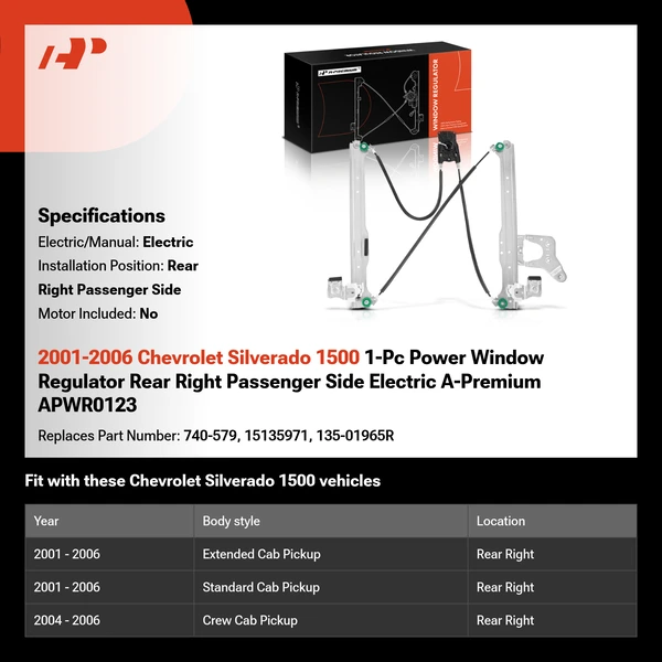 2001-2006 Chevrolet Silverado 1500 1-Pc Power Window Regulator Rear Right Passenger Side Electric A-Premium APWR0123