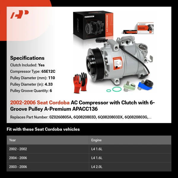 2002-2006 Seat Cordoba AC Compressor with Clutch with 6-Groove Pulley A-Premium APACC136