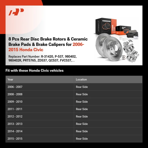 8 Pcs Rear Disc Brake Rotors & Ceramic Brake Pads & Brake Calipers for 2006-2015 Honda Civic
