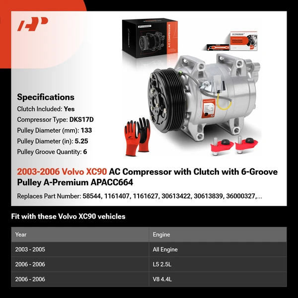 2003-2006 Volvo XC90 AC Compressor with Clutch with 6-Groove Pulley A-Premium APACC664