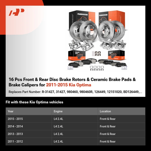 16 Pcs Front & Rear Disc Brake Rotors & Ceramic Brake Pads & Brake Calipers for 2011-2015 Kia Optima