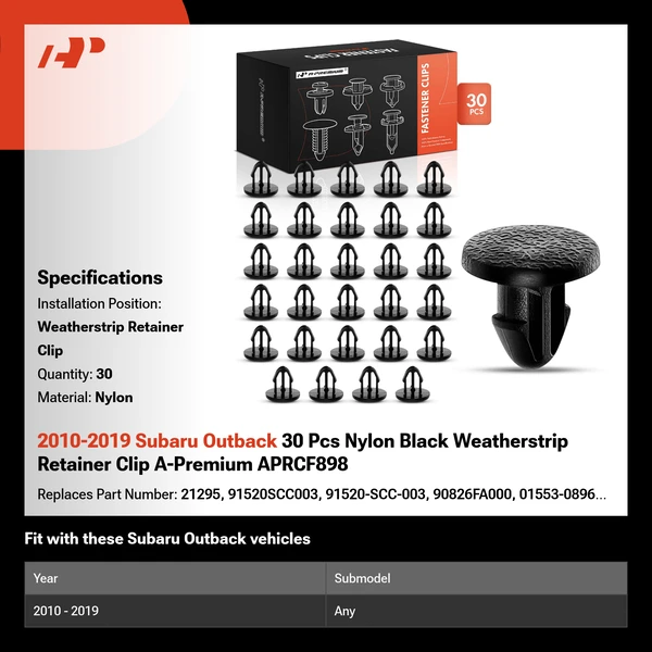 2010-2019 Subaru Outback 30 Pcs Nylon Black Weatherstrip Retainer Clip A-Premium APRCF898