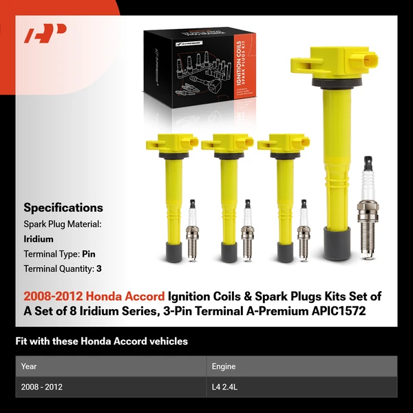 2008-2012 Honda Accord Ignition Coils & Spark Plugs Kits Set of 8 Iridium Series, 3-Pin Terminal A-Premium APIC1572