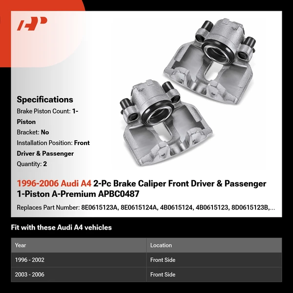 1996-2006 Audi A4 2-Pc Brake Caliper Front Driver & Passenger 1-Piston A-Premium APBC0487