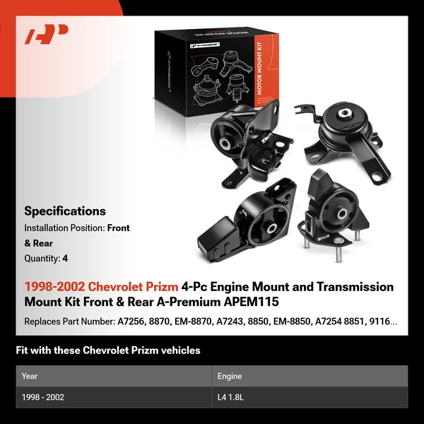 1998-2002 Chevrolet Prizm 4-Pc Engine Mount and Transmission Mount Kit Front & Rear A-Premium APEM115