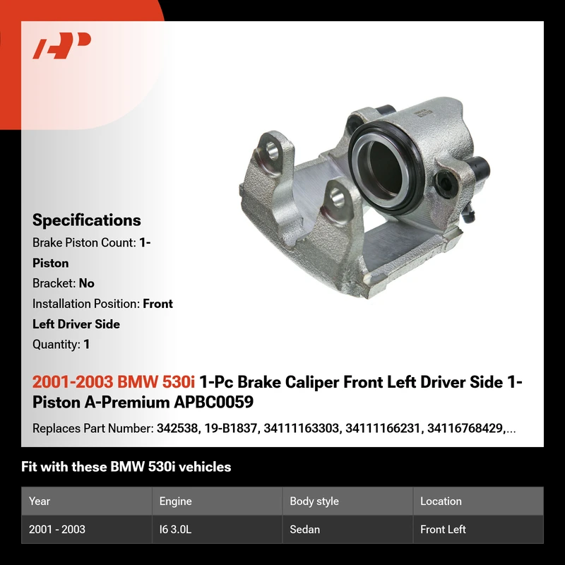 2001-2003 BMW 530i 1-Pc Brake Caliper Front Left Driver Side 1-Piston A-Premium APBC0059
