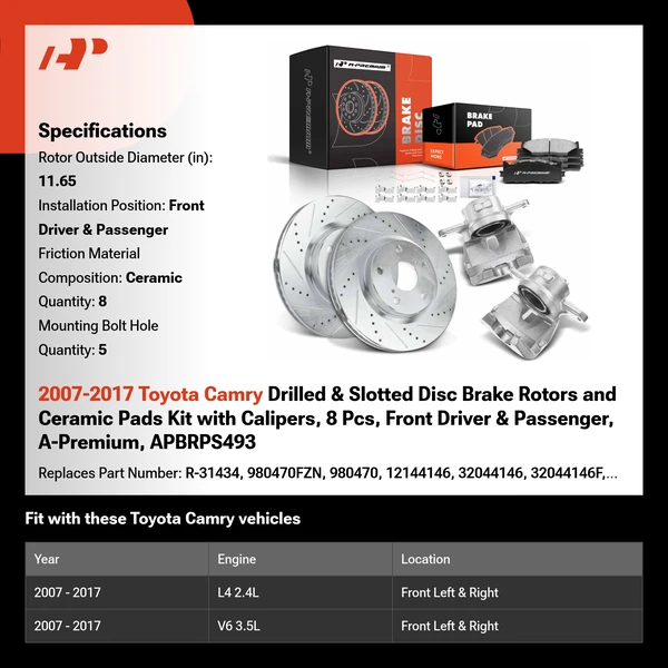 2007-2017 Toyota Camry Drilled & Slotted Disc Brake Rotors and Ceramic Pads Kit with Calipers, 8 Pcs, Front Driver & Passenger, A-Premium, APBRPS493