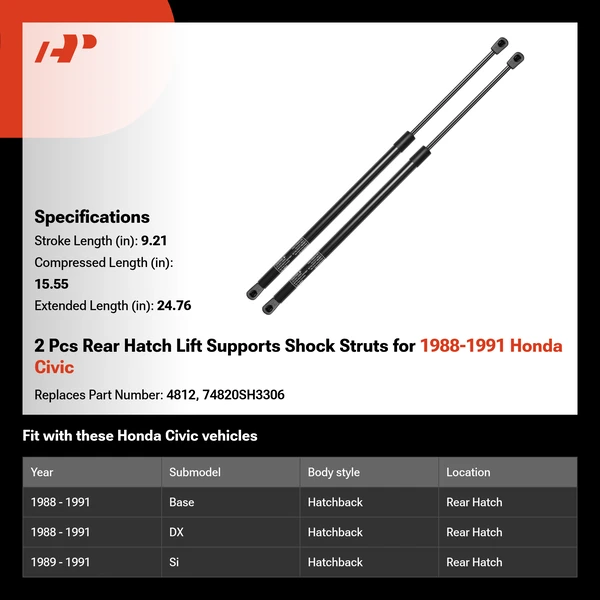 2 Pcs Rear Hatch Lift Supports Shock Struts for 1988-1991 Honda Civic