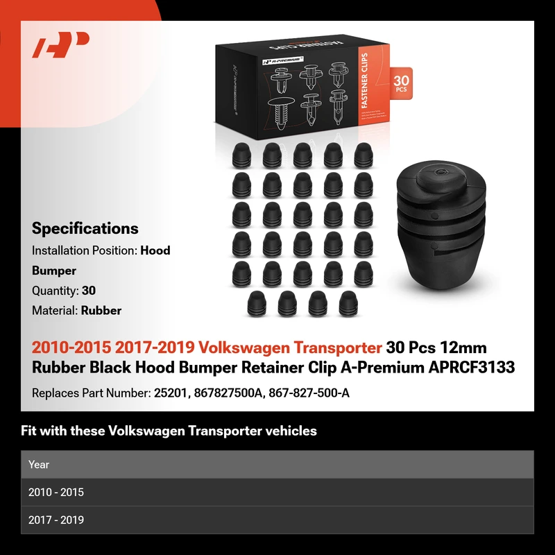 2010-2015 2017-2019 Volkswagen Transporter 30 Pcs 12mm Rubber Black Hood Bumper Retainer Clip A-Premium APRCF3133