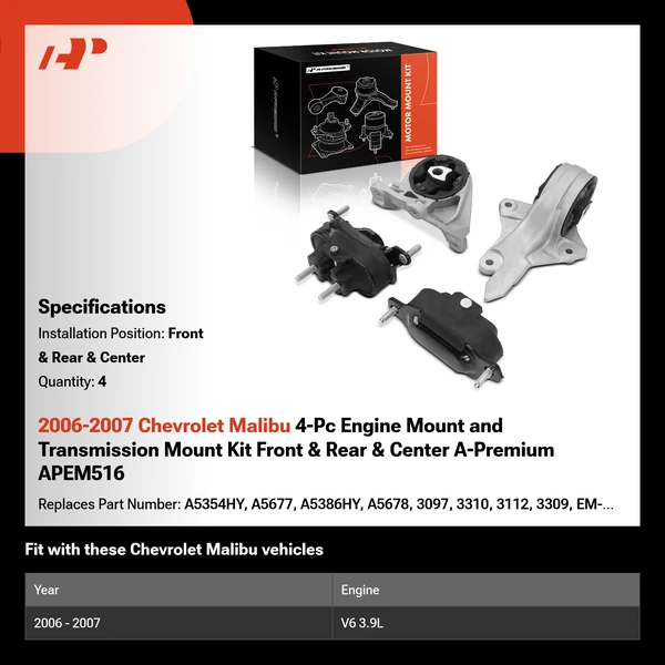 2006-2007 Chevrolet Malibu 4-Pc Engine Mount and Transmission Mount Kit Front & Rear & Center A-Premium APEM516