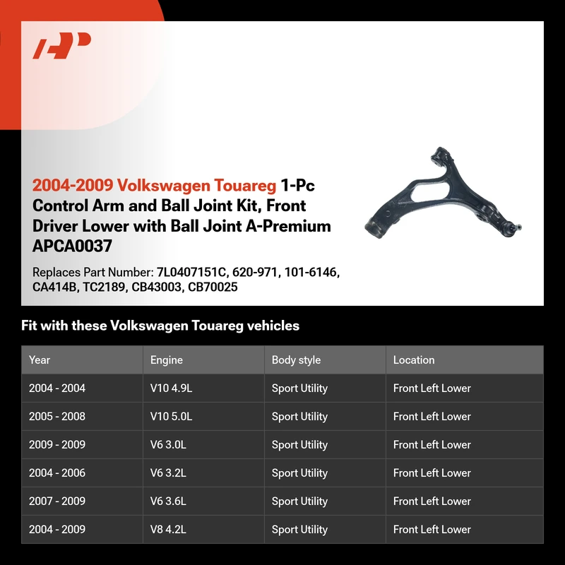 2004-2009 Volkswagen Touareg 1-Pc Control Arm and Ball Joint Kit, Front Driver Lower with Ball Joint A-Premium APCA0037