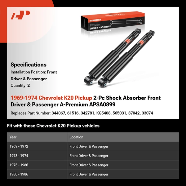 1969-1974 Chevrolet K20 Pickup 2-Pc Shock Absorber Front Driver & Passenger A-Premium APSA0899