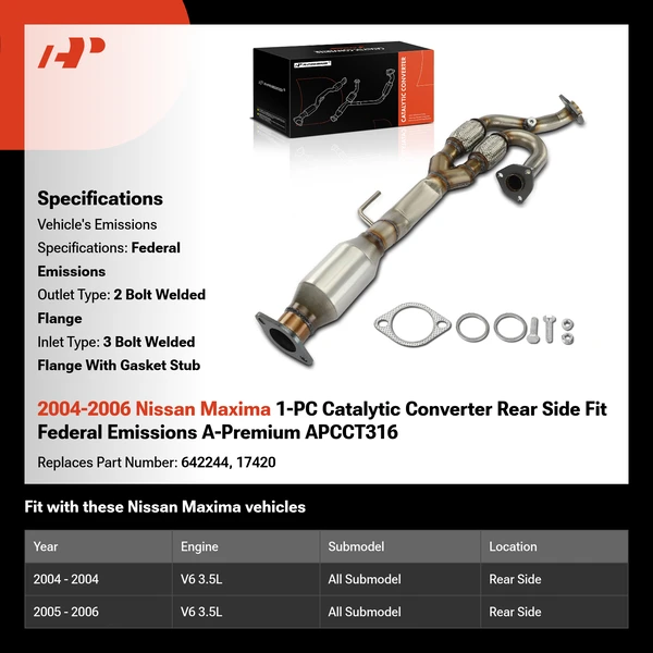 2004-2006 Nissan Maxima 1-PC Catalytic Converter Rear Side Fit Federal Emissions A-Premium APCCT316