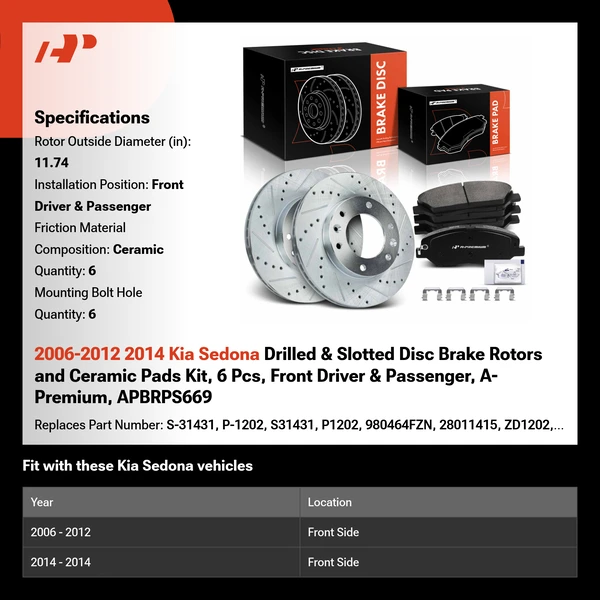 2006-2012 2014 Kia Sedona Drilled & Slotted Disc Brake Rotors and Ceramic Pads Kit, 6 Pcs, Front Driver & Passenger, A-Premium, APBRPS669