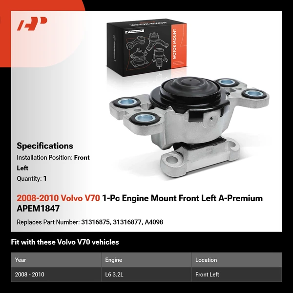 2008-2010 Volvo V70 1-Pc Engine Mount Front Left A-Premium APEM1847