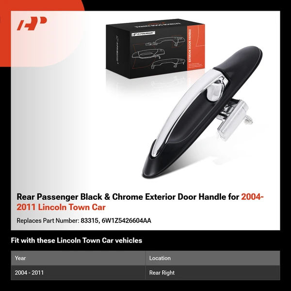 Rear Passenger Black & Chrome Exterior Door Handle for 2004-2011 Lincoln Town Car