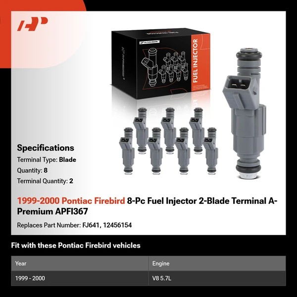 1999-2000 Pontiac Firebird 8-Pc Fuel Injector 2-Blade Terminal A-Premium APFI367