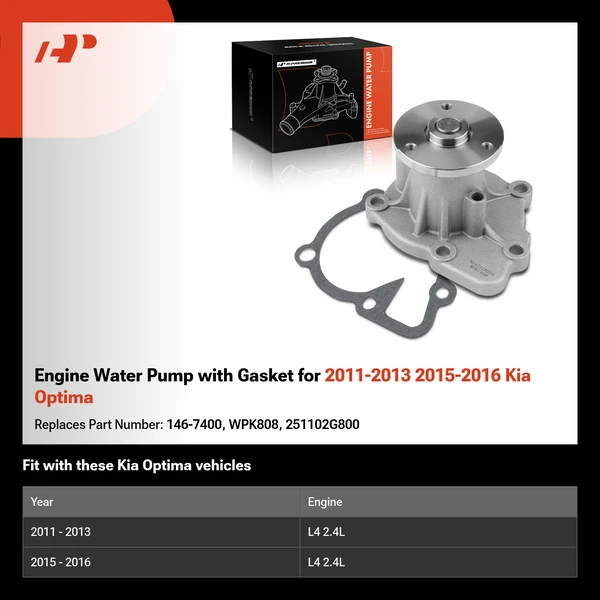Engine Water Pump with Gasket for 2011-2013 2015-2016 Kia Optima