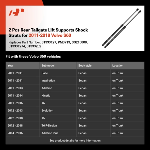 2 Pcs Rear Tailgate Lift Supports Shock Struts for 2011-2018 Volvo S60
