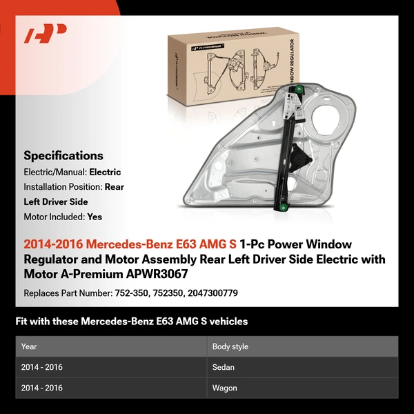 2014-2016 Mercedes-Benz E63 AMG S 1-Pc Power Window Regulator and Motor Assembly Rear Left Driver Side Electric with Motor A-Premium APWR3067