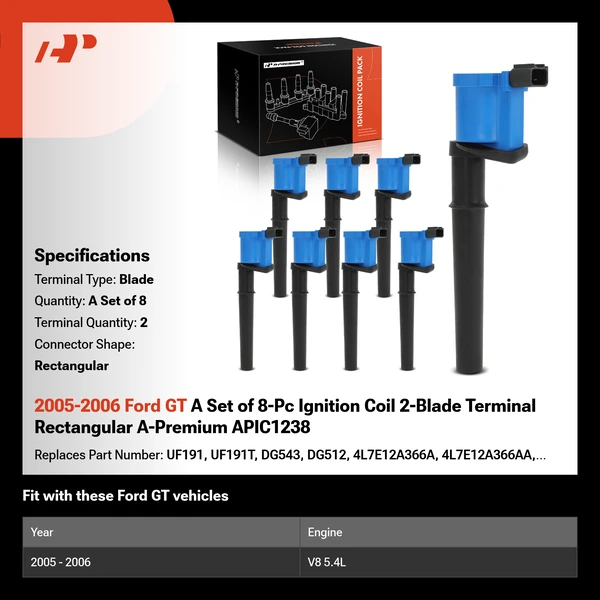 2005-2006 Ford GT A Set of 8-Pc Ignition Coil 2-Blade Terminal Rectangular A-Premium APIC1238