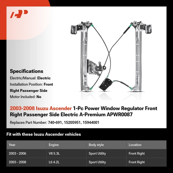 2003-2008 Isuzu Ascender 1-Pc Power Window Regulator Front Right Passenger Side Electric A-Premium APWR0087