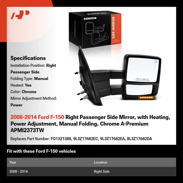 2008-2014 Ford F-150 Right Passenger Side Mirror, with Heating, Power Adjustment, Manual Folding, Chrome A-Premium APMI2373TW