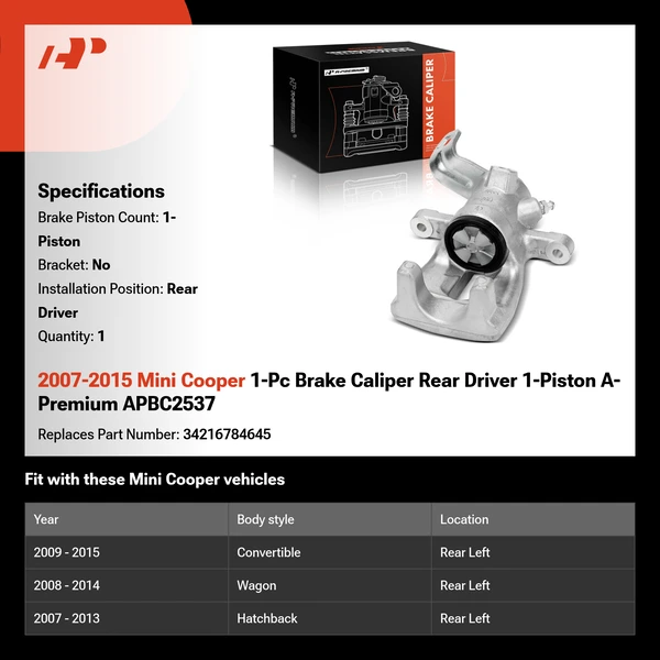 2007-2015 Mini Cooper 1-Pc Brake Caliper Rear Driver 1-Piston A-Premium APBC2537