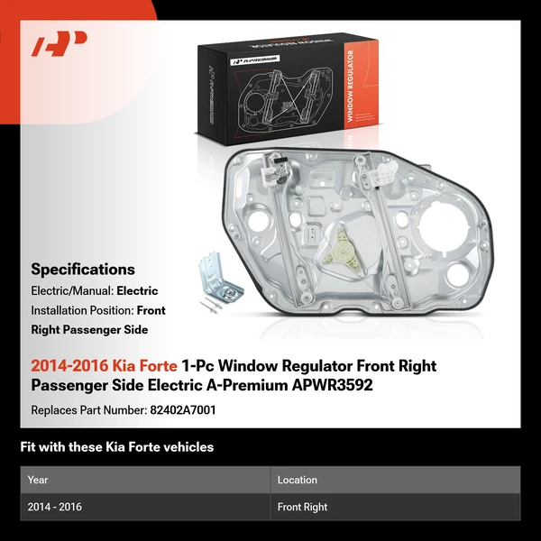 2014-2016 Kia Forte 1-Pc Window Regulator Front Right Passenger Side Electric A-Premium APWR3592