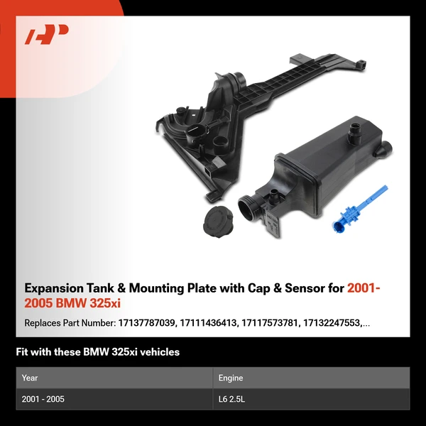 Expansion Tank & Mounting Plate with Cap & Sensor for 2001-2005 BMW 325xi