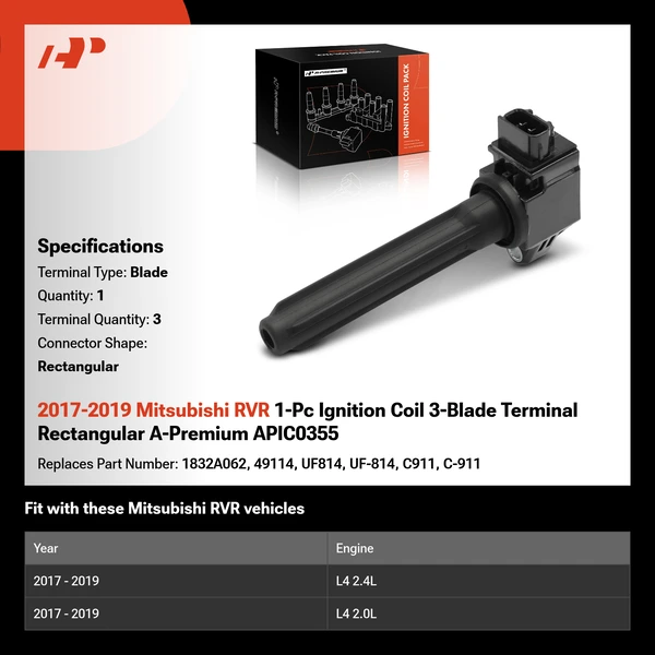 2017-2019 Mitsubishi RVR 1-Pc Ignition Coil 3-Blade Terminal Rectangular A-Premium APIC0355