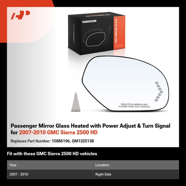 Passenger Mirror Glass Heated with Power Adjust & Turn Signal for 2007-2010 GMC Sierra 2500 HD