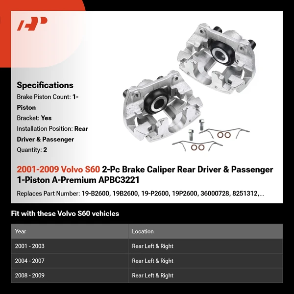 2001-2009 Volvo S60 2-Pc Brake Caliper Rear Driver & Passenger 1-Piston A-Premium APBC3221