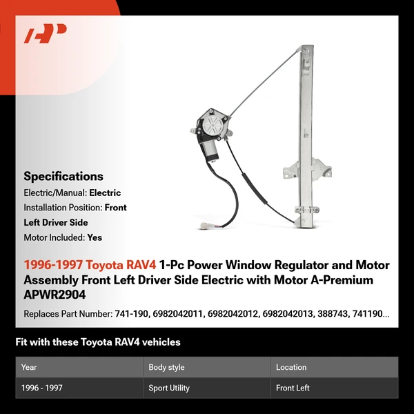 1996-1997 Toyota RAV4 1-Pc Power Window Regulator and Motor Assembly Front Left Driver Side Electric with Motor A-Premium APWR2904