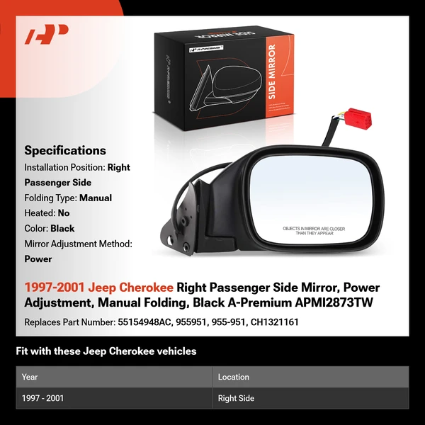 1997-2001 Jeep Cherokee Right Passenger Side Mirror, Power Adjustment, Manual Folding, Black A-Premium APMI2873TW