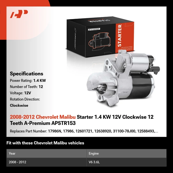 2008-2012 Chevrolet Malibu Starter 1.4 KW 12V Clockwise 12 Teeth A-Premium APSTR153