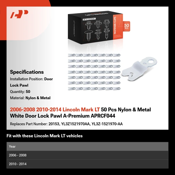 2006-2008 2010-2014 Lincoln Mark LT 50 Pcs Nylon & Metal White Door Lock Pawl A-Premium APRCF044