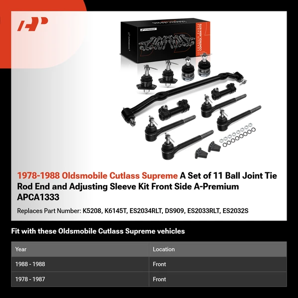 1978-1988 Oldsmobile Cutlass Supreme A Set of 11 Ball Joint Tie Rod End and Adjusting Sleeve Kit Front Side A-Premium APCA1333