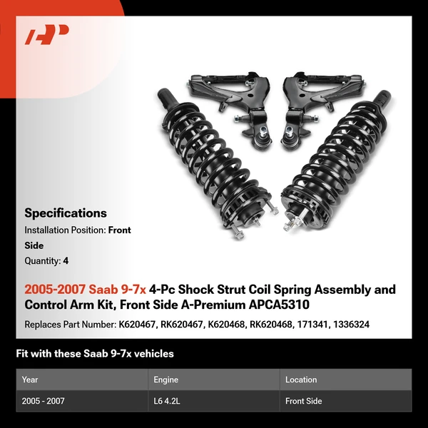 2005-2007 Saab 9-7x 4-Pc Shock Strut Coil Spring Assembly and Control Arm Kit, Front Side A-Premium APCA5310