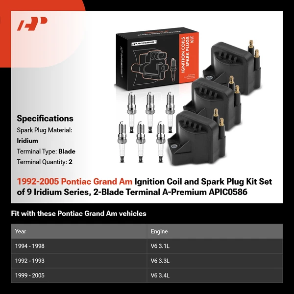 1992-2005 Pontiac Grand Am Ignition Coil and Spark Plug Kit Set of 9 Iridium Series, 2-Blade Terminal A-Premium APIC0586