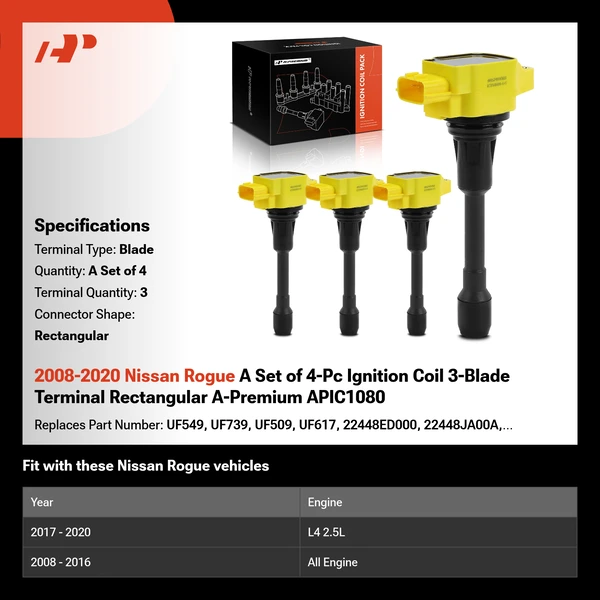 2008-2020 Nissan Rogue A Set of 4-Pc Ignition Coil 3-Blade Terminal Rectangular A-Premium APIC1080