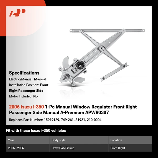 2006 Isuzu i-350 1-Pc Manual Window Regulator Front Right Passenger Side Manual A-Premium APWR0307