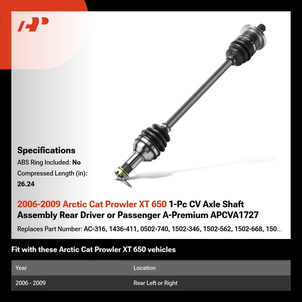 2006-2009 Arctic Cat Prowler XT 650 1-Pc CV Axle Shaft Assembly Rear Driver or Passenger A-Premium APCVA1727