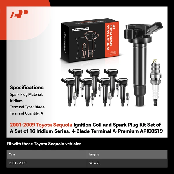 2001-2009 Toyota Sequoia Ignition Coil and Spark Plug Kit Set of A Set of 16 Iridium Series, 4-Blade Terminal A-Premium APIC0519